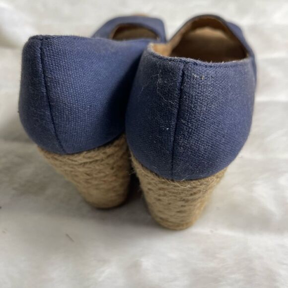 G.H Bass & Co Navy Blue denim wedge espadrilles slip on peep toe SZ 9.5M - Picture 3 of 8